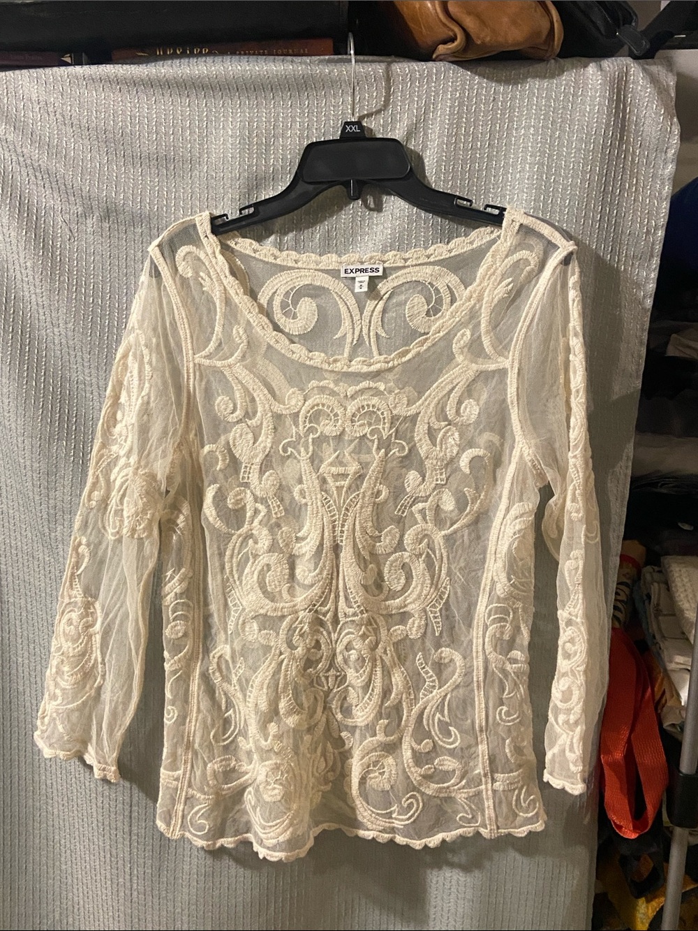 Express Cream Lace Embroidered Sheer Blouse